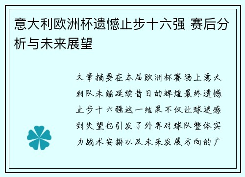 意大利欧洲杯遗憾止步十六强 赛后分析与未来展望