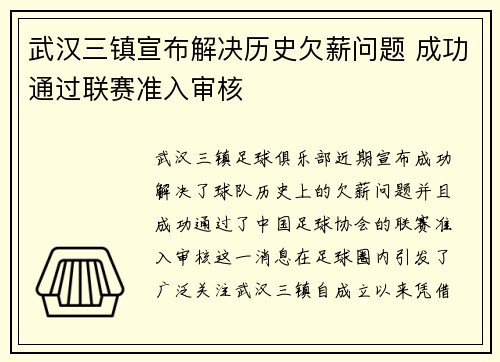 武汉三镇宣布解决历史欠薪问题 成功通过联赛准入审核