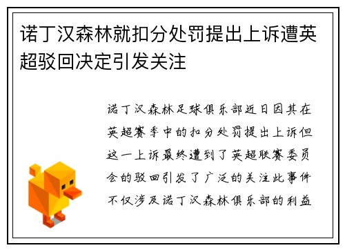 诺丁汉森林就扣分处罚提出上诉遭英超驳回决定引发关注